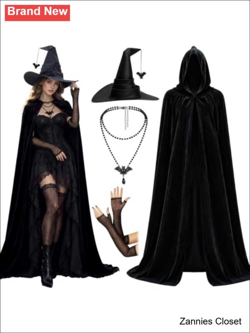👻 Witch Costume Set Cape Hood Hat Gloves Bat Choker Cosplay